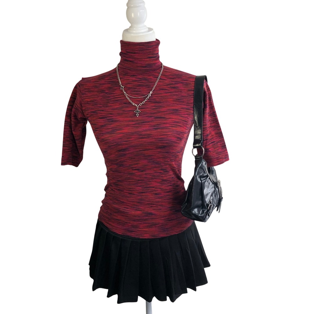 NWT Free People Red Black Sunshine Space Dye Elbow Sleeve Turtleneck Top XS